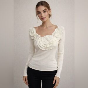 Elegant Cream Floral Embellished Women's Sweater Top Made in France